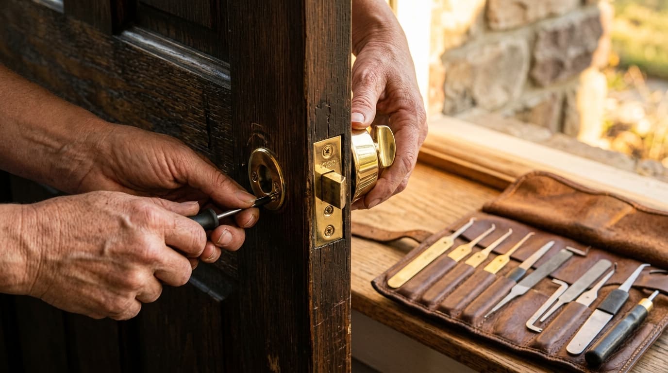 Professional locksmith installing a brass deadbolt with a full tool kit