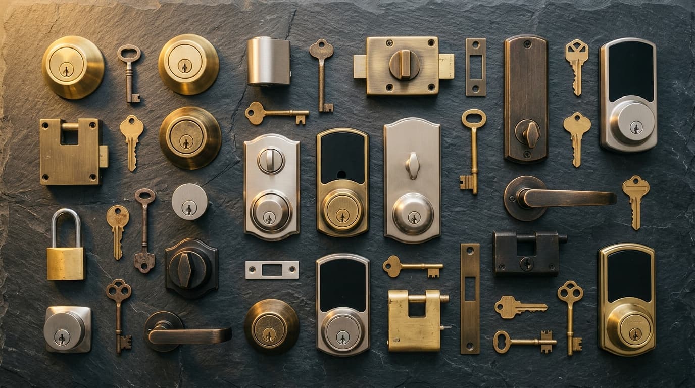Collection of residential and commercial locks, deadbolts and keys